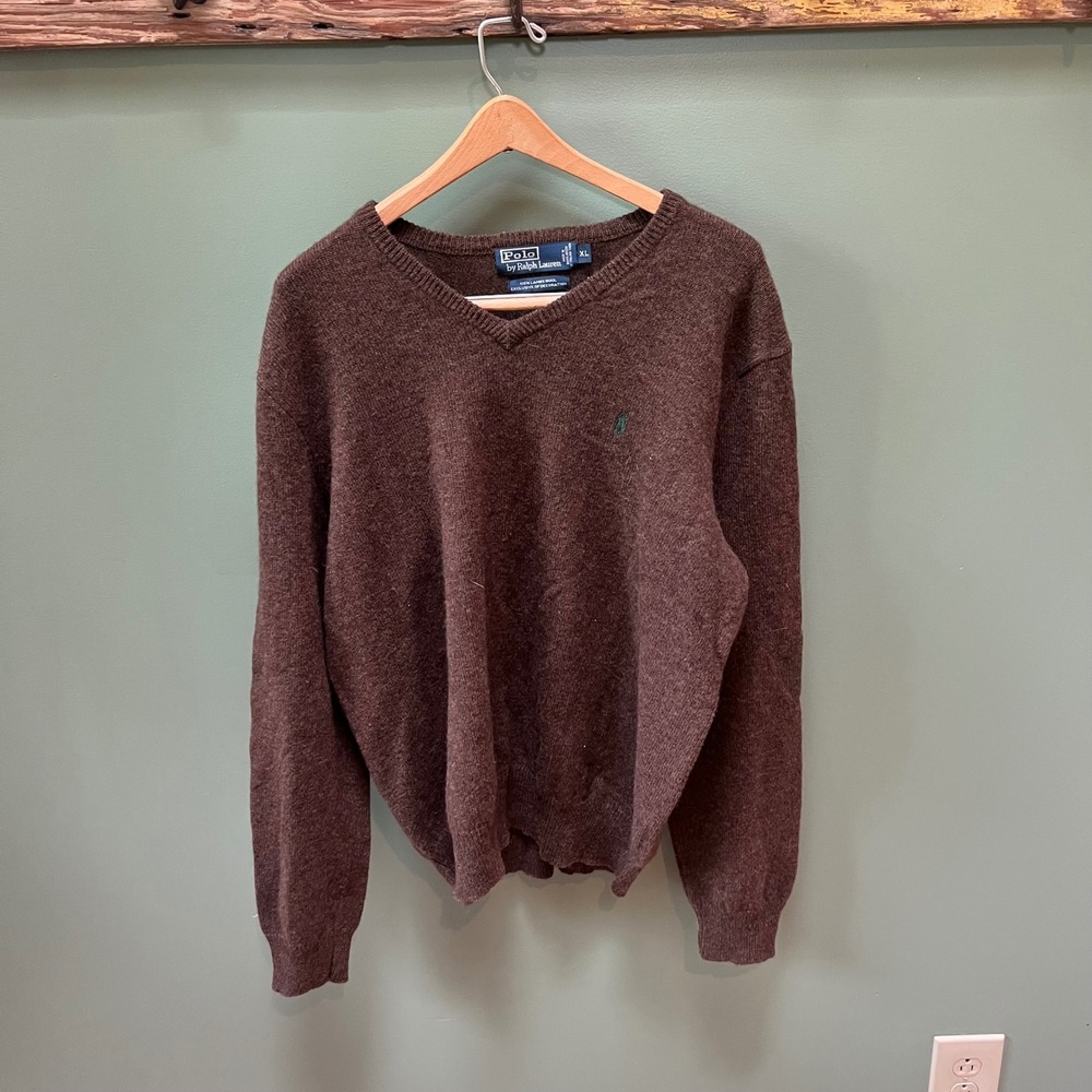 Polo Ralph Lauren Mens Brown Lambswool V Neck Sweater XL Extra Large